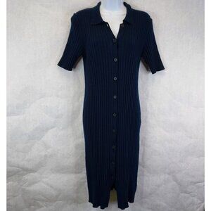 Hudsons North Merino Wool Sweater Dress Lg Midi Collared Button Up Ribbed Knit
